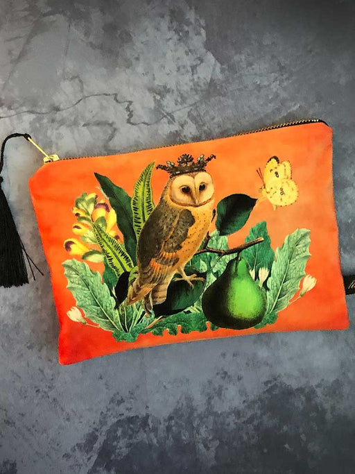 orange velvet pouch with owl