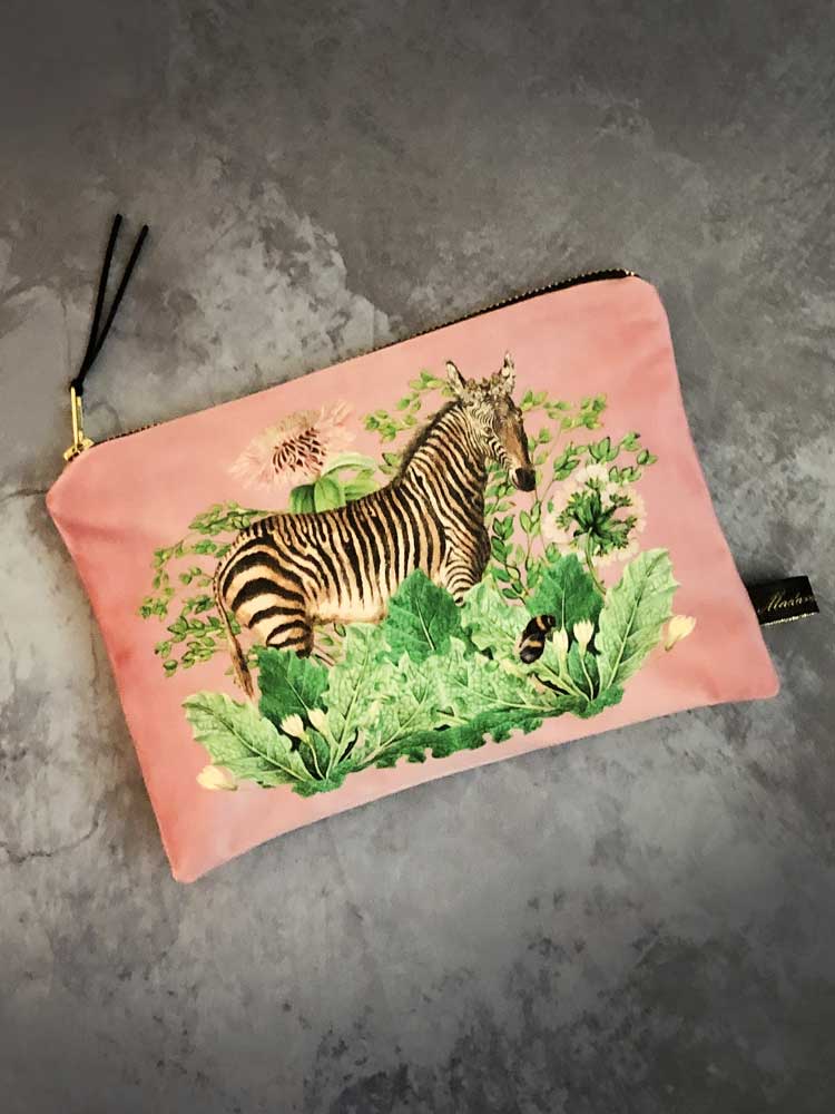 velvet zipped bag with zebra