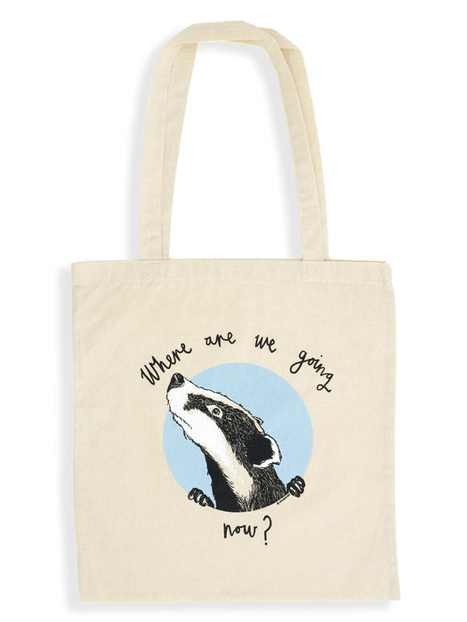 where are we going now badger tote bag